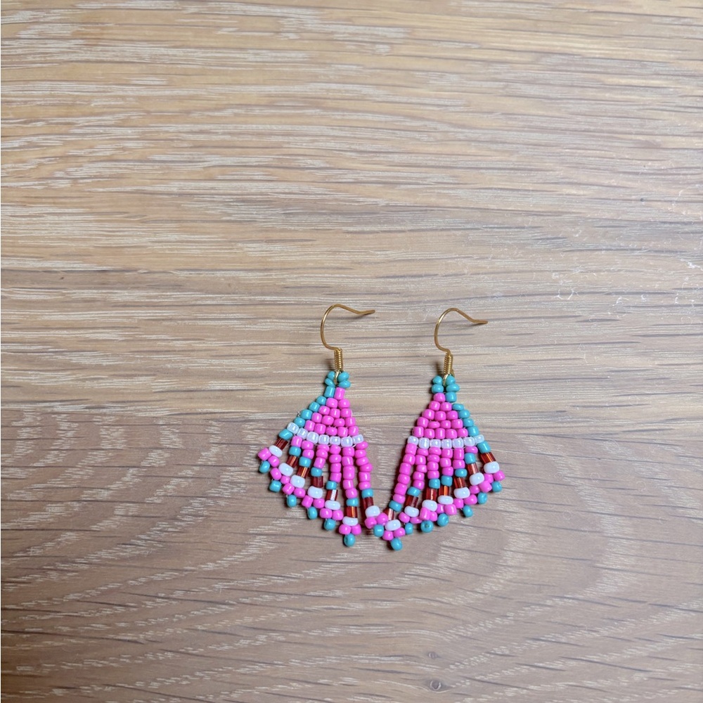 Vibrant Pink and Turquoise Beaded Earrings - Picture 2 of 3